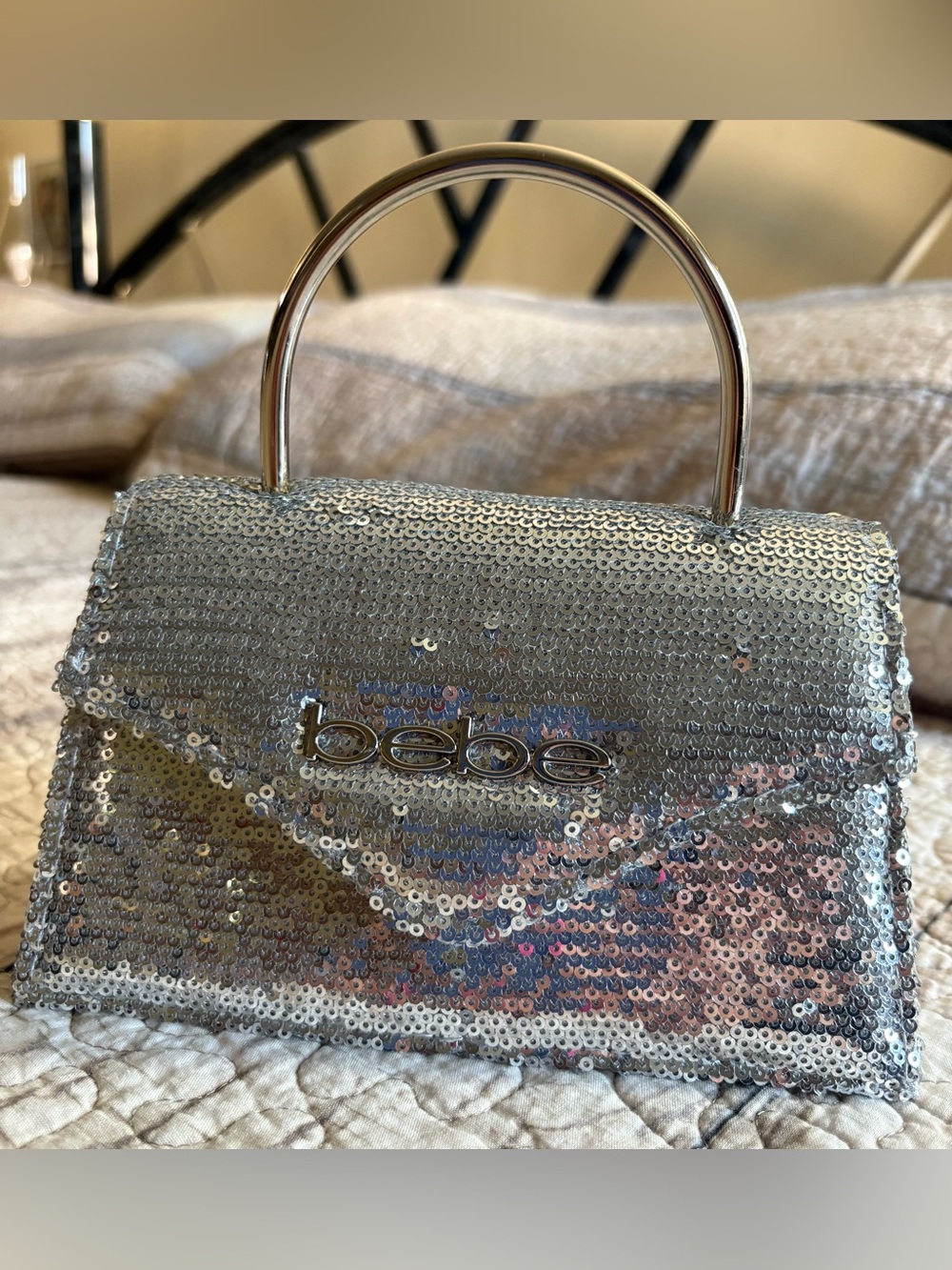 bebe Silver Sequin Mini Top-Handle Bag